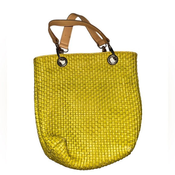 Made in Italy Maurizio Taiuti Neon Yellow Woven Tote Bag European Summer - Picture 4 of 8